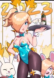 2023 blonde_hair blue_eyes blush bowtie breasts bunny_ears bunnysuit cleavage clothing earrings female fishnet_legwear fishnets hair_over_one_eye mario_(series) mario_+_rabbids mario_+_rabbids:_sparks_of_hope new_year nintendo ponytail princess_rosalina rabbid rabbid_rosalina raving_rabbids sarukaiwolf serving_tray star_bunny star_bunny_(cosplay) super_mario_galaxy