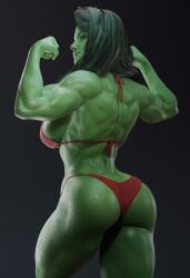 1girls 3d absurd_res ass batesz bikini celebrity female female_only flexing green_hair green_skin hi_res hulk_(series) human looking_at_viewer looking_back marvel marvel_comics muscular muscular_female rear_view she-hulk she-hulk:_attorney_at_law solo swimwear tatiana_maslany