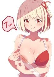 1girls :d areola_measuring areolae big_breasts blonde_female breasts feca female_only hair_ribbon large_breasts lycoris_recoil measurements measuring measuring_breasts nishikigi_chisato red_eyes ruler short short_hair showing_nipple smile white_background white_hair