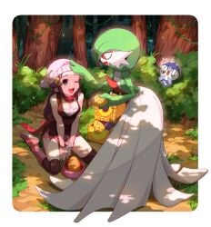 2girls beanie beanie_hat black_dress black_socks blue_eyes blue_hair breasts dawn_(pokemon) dress eudetenis feeding female food food_on_face forest gardevoir hand_on_head headpat heart-shaped_pupils holding_food knee_boots kneeling long_hair medium_breasts multicolored_dress multiple_girls nintendo open_mouth outside pet_bowl pet_play petplay pink_dress piplup pokemon pokemon_(species) pokemon_dppt poketch red_eyes role_reversal scarf socks surprised surprised_face thigh_socks thighhighs