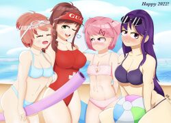 2022 4girls :< ball bboiarts beach beach_ball bikini blue_swimsuit breasts brown_hair cleavage cleavage_cutout closed_eyes doki_doki_literature_club eyes_closed female female_only glasses goggles goggles_on_head green_eyes heart heart_swimsuit innertube life_guard lifeguard lifeguard_swimsuit monika_(doki_doki_literature_club) multiple_girls natsuki_(doki_doki_literature_club) ocean one_eye_closed open_mouth orange_hair pink_eyes pink_hair pink_swimsuit pool_noodle purple_eyes purple_hair purple_swimsuit red_swimsuit sand sayori_(doki_doki_literature_club) strawberry_blonde_hair swimsuit water wink winking winking_at_viewer yuri_(doki_doki_literature_club)