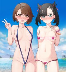 2girls alternate_costume areola_slip ass ass_visible_through_thighs asymmetrical_bangs bangs beach bikini black_hair black_nails blue_sky blush bob_cut box20502017 breasts brown_eyes brown_hair cleft_of_venus closed_mouth corviknight covered_erect_nipples creatures_(company) earrings embarrassed eyepatch_bikini female female_only game_freak gloria_(pokemon) green_eyes hair_ribbon highres jewelry marnie_(pokemon) medium_breasts micro_bikini multiple_girls nail_polish nintendo open_mouth partially_visible_vulva pokémon_(species) pokemon pokemon_(game) pokemon_ss red_ribbon revealing_clothes ribbon short_hair sky sling_bikini slingshot_swimsuit smile swimsuit xiangzi_box