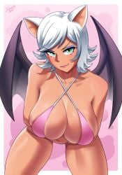 1girls animal_ears arm_under_breasts bare_shoulders bat_ears bat_wings bikini breasts criss-cross_halter dracksart eyelashes eyeshadow female green_eyes highres humanized large_breasts looking_at_viewer makeup naughty_face pink_bikini rouge_the_bat sega short_hair smile solo sonic_(series) sonic_the_hedgehog_(series) swimsuit wings