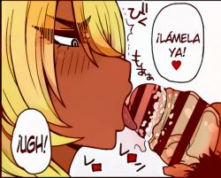 3rd_party_edit about_to_do_blowjob blonde_female blonde_hair censored colored fellatio licking_penis musk musky_cock otogi_tetsurou smegma smell spanish_text stray_pubic_hair third-party_edit