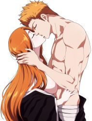 1boy 1girls adult aged_up almost_naked bandages bare_shoulders barely_clothed big_breasts bleach breasts busty canon_couple closed_eyes couple duo duo_focus exposed_breasts functionally_nude functionally_nude_female hakama high_resolution husband_and_wife ichigo_kurosaki inoue_orihime kimono kissing lean_muscle long_hair male_with_female mostly_nude muscular muscular_male no_bra older older_female partially_clothed passionate passionate_kiss plain_background robe romantic romantic_couple rozuberry shiny shiny_hair shiny_skin shirtless shirtless_(male) short_hair side_view sideboob simple_background size_difference smaller_female spiky_hair standing taller_male time_skip upper_body very_long_hair white_background