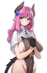 black_gloves blue_flower blush bow_(bhp) breasts capelet closed_mouth cowboy_shot cross demon demon_girl demon_horns female flower gloves hair_flower hair_ornament heart heart-shaped_pupils heart_tattoo heterochromia horns huge_breasts interlocked_fingers inverted_cross inverted_cross_necklace large_breasts looking_at_viewer nipples original own_hands_together pelvic_curtain pink_eyes pink_hair pointy_ears pubic_tattoo purple_eyes simple_background solo standing symbol-shaped_pupils tail tattoo white_background white_capelet