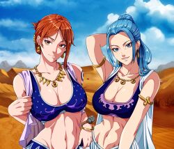 2022 2girls abs alabasta arm_band big_breasts blue_hair blue_sky breasts cleavage clouds dancer_outfit desert exposed_midriff female female_only harem_outfit jewelry kerana_art log_pose long_hair midriff muscular muscular_female nami necklace nefertari_vivi one_piece orange_hair ponytail posing pre-timeskip pre_timeskip seductive short_hair shounen_jump tagme tied_hair toned toned_female