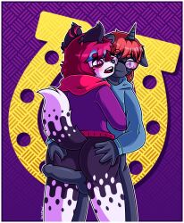 1male abstract_background ambiguous_gender anthro anthro_on_anthro ass ass_grab blue_hair blush blush clothed dick dyed_hair furry grabbing_ass hoodie magenta_eyes penis pony ready_to_fuck red_hair rubbing_penis_on_ass septy_(character) septypaws shy sunglasses thighs unicorn youtuber