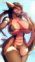 abs anthro big_breasts bikini bikini_bottom bikini_top breasts claws clothing dragon eyewear female glasses hair hi_res horn legwear nipples panties pinup pose roder scalie short_hair solo stockings swimwear underwear