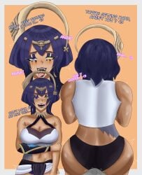 1boy 1girls aether_(genshin_impact) ahe_gao ass big_ass big_breasts big_butt breasts bulge candace_(genshin_impact) drool drooling genshin_impact itzaysel makeup makeup_running moaning purple_eyes purple_hair rubbing tan_body thecoomerartist tongue tongue_out yellow_eyes