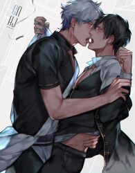 2boys arm_grab black_hair blush cigarette french_kiss gay gintama gintoki_sakata hadanugi_dousa hijikata_toshiro kimono kissing looking_at_another male male_only mormormor off_shoulder open_clothes open_jacket open_mouth open_shirt partially_undressed police police_uniform shinsengumi_(gintama) silver_hair sweat uniform waist_grab yaoi