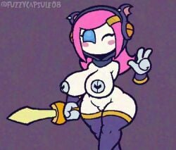 alien alien_girl big_breasts blue_eyes floating_hands ftrashpickle kirby_(series) kirby_star_allies meta_knight_(cosplay) meta_knight_mask_pasties mouthless mouthless_female pasties pink_hair susanna_patrya_haltmann susie_(kirby) sword thighhighs wink