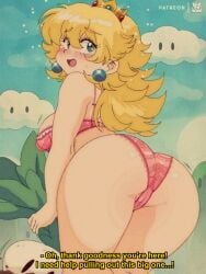 1girls asking_for_help ass bent_knees big_butt blonde_female blonde_hair blue_eyes bluethebone blush blush_lines bra breasts butt butt_focus clouds crown curvy dat_ass daytime dialogue earrings english_dialogue english_text headwear knees_bent legs lingerie long_hair looking_back mario_(series) nintendo open_mouth outside panties pink_lingerie princess princess_peach pulling rear_view retro_artstyle solo solo_focus super_mario_bros._2 sweat sweatdrop text thick_butt thick_thighs thighs turnip