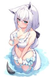 ahoge animal_ear_fluff animal_ears bangs bikini blush braid breasts cleavage deaver female fox_ears fox_girl fox_tail frilled_bikini frills green_eyes hair_between_eyes highres hololive hololive_gamers hololive_gen_1 hololive_japan large_breasts long_hair looking_at_viewer navel ribbon shirakami_fubuki sidelocks single_braid solo swimsuit tail virtual_youtuber wading white_hair