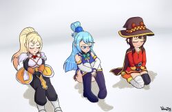 3girls aqua_(konosuba) darkness_(konosuba) female female_only kono_subarashii_sekai_ni_shukufuku_wo! megumin multiple_girls omorashi on_floor pee_stain peeing peeing_self sitting wetting wetting_self white_background yellowzonemx