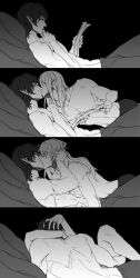 2boys abs aymeric_de_borel bed estinien_varlineau gay hand_on_head holding_head hug kimiko_yuki kissing monochrome muscular muscular_male reading topless