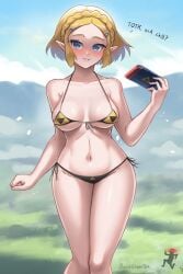 2023 artist_logo artist_name bikini black_bikini black_mizugi black_swimsuit blonde_hair blue_eyes blush breasts burnt_green_tea crown_braid elf_ears english_text female female_only hair-clips holding_nintendo_switch hourglass_figure looking_at_viewer medium_breasts nintendo nintendo_switch princess_zelda short_blonde_hair short_hair solo talking_to_viewer tears_of_the_kingdom text the_legend_of_zelda triforce triforce_bikini zelda_(tears_of_the_kingdom)