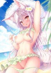 absurdres ahoge animal_ear_fluff animal_ears arm_behind_head arm_up bangs bare_shoulders beach bikini blue_sky blush breasts cloud collarbone cowboy_shot day decensored female flower fox_ears fox_girl fox_tail frilled_bikini frills hair_between_eyes hair_flower hair_ornament hat highres horizon large_breasts long_hair looking_at_viewer navel nipples ocean original outdoors purple_hair pussy sand shiny shiny_skin shiori_(tateha) sidelocks sky solo standing straw_hat swimsuit tail tateha_(marvelous_grace) third-party_edit uncensored very_long_hair water yellow_eyes