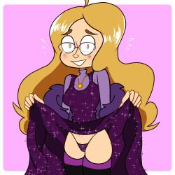 blonde_hair bluejr blush clothed dress dress_lift glasses hezuneutral nervous nervous_smile panties purple_dress purple_panties tagme youtube youtuber