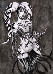 1girls black_and_white cleavage darth_talon joe_lima large_breasts loincloth sith sketch star_wars star_wars:_legacy thighhighs twi'lek undressing watermark