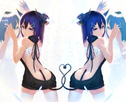 altered_reflection angel angel_and_devil angel_wings aran_sweater arm_up ass backless_dress backless_outfit bare_arms bare_back bare_shoulders black_sweater black_vs_white blood blue_eyes blue_hair blush breasts closed_mouth commentary_request cowboy_shot demon_girl demon_horns demon_tail different_reflection dress dripping eyelashes feathered_wings feathers female from_behind frown gabriel_dropout hair_between_eyes hair_ornament hairclip halo hand_up heart heart_tail_duo horns injury intertwined_tails looking_at_viewer looking_back medium_breasts meme_attire motion_blur multiple_views naked_sweater nooko one_eye_covered photoshop_(medium) purple_eyes purple_hair reflection short_hair sideboob sweater sweater_dress symmetrical_pose symmetry tail thighhighs tsukinose_vignette_april turtleneck turtleneck_sweater vignette_tsukinose_april virgin_killer_sweater white_legwear white_sweater wings x_hair_ornament