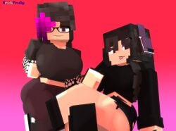 2girls 3d black_hair clothed extrafruitygirl female female_only fruity_(extrafruitygirl) goth_girl looking_at_another looking_at_viewer mine-imator minecraft multicolored_hair no_background olivia_(olivialewdz) on_knees purple_eyes sitting tagme