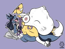 anthro areola bandai_namco belly breasts bursting crossover digimon digimon_(species) duo female female/female hi_res imafetish intersex intersex/female lucario nintendo nipple_piercing nipples piercing pink_areola pink_nipples pokemon pokemon_(anime) pokemon_(species) renamon sex thick_thighs video_games vore