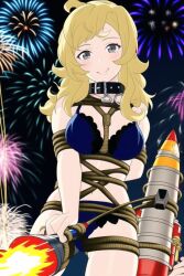 ai_generated blonde blonde_female blonde_hair bondage bound fire fire_emblem fire_emblem_fates fireworks grey_eyes happy happy_sub lingerie nai_diffusion new_year night nintendo ophelia_(fire_emblem) rocket rocket_launcher rope smile stable_diffusion tied_up tiques