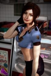 1girls 3d 3d_(artwork) blender blender_(software) bobbysnaxey brunette cafe capcom claire_redfield clothed_female cute dark_hair exposed_stomach pinup resident_evil resident_evil_2 resident_evil_2_remake skimpy_clothes sole_female solo_female