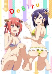 2girls :3 :d arrow_(symbol) ass barefoot bat_hair_ornament bikini blush clenched_hands clothed clothed_female demon_girl demon_horns feet female female_only frilled_bikini frills front-tie_top full_body gabriel_dropout hair_ornament hair_rings hairclip halterneck highres horns kneeling kurumizawa_satanichia_mcdowell multiple_females multiple_girls non-nude oerba_yun_fang open_mouth orange_hair pink_eyes purple_eyes purple_hair romaji_text sanohiramugi side-tie_bikini sitting smile soles star_(symbol) starry_background striped striped_bikini swimsuit tsukinose_vignette_april white_background x_hair_ornament yellow_bikini