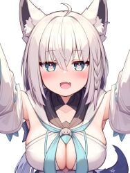 ;d ahoge animal_ear_fluff animal_ears arms_up bangs blush braid breasts cleavage cleavage_cutout clothing_cutout deaver detached_sleeves ear_piercing female fox_ears fox_girl fox_tail green_eyes hair_between_eyes heart heart-shaped_pupils highres hololive hololive_gamers hololive_gen_1 hololive_japan hood hoodie large_breasts long_hair looking_at_viewer oerba_yun_fang one_eye_closed open_mouth outstretched_arms piercing shirakami_fubuki sidelocks simple_background single_braid skin_fang smile solo symbol-shaped_pupils tail upper_body virtual_youtuber white_background white_hair white_hoodie