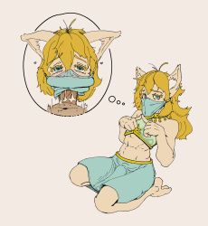 absurd_res anthro blonde_hair blonde_male felid feline fellatio gerudo_outfit hair heart hi_res jinsidraws link male male/male male_only mammal nintendo oral penile sex sitting the_legend_of_zelda thought_bubble video_games