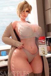 1girls 3d angela_ziegler big_breasts blizzard_entertainment bra breasts bursting_breasts female female_focus female_only large_breasts looking_at_viewer mercy overwatch panties robe sampples short_hair smile solo solo_female thick_thighs thighhighs wide_hips