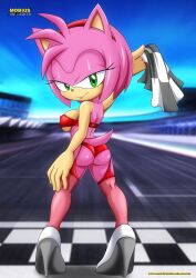 1girls amy_rose animal_ears ass bbmbbf eulipotyphlan furry green_eyes hedgehog high_heels looking_at_viewer looking_back mammal mobius_unleashed palcomix pink_hair short_hair smile sonic_(series) tail team_sonic_racing