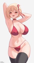 1girls 2022 armpits arms_behind_head arms_up bikini blonde_female blonde_hair breasts chisato's_thighs cleavage female female_only hi_res hips honeym huge_breasts light-skinned_female light_skin lycoris_recoil medium_hair nishikigi_chisato red_bikini red_eyes simple_background slim_waist smile thick_thighs thighs wide_hips