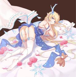 antlers aurora_(girls_x_battle_2) bent_over blonde_hair blue_eyes curtains feet female_only girls_x_battle_2 ice in_bed long_hair looking_at_viewer no_panties presenting_hindquarters presenting_pussy rose_(flower) stockings