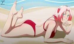 1girls arekusanderu ass barefoot beach bikini blush female female female_only green_eyes long_hair lying lying_on_stomach naruto naruto_(series) naruto_shippuden on_stomach outdoors pink_bikini pink_hair sakura_haruno seaside solo solo_focus swimsuit