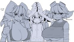 3girls :) :t alternate_breast_size anger_vein bikini blush breasts cleavage english_text eye_bags fishnet_shirt flat_chest gloves goggles goggles_on_head greyscale hat huge_breasts large_breasts large_ears league_of_legends lulu_the_fae_sorceress monochrome multiple_females oerba_yun_fang ohasi serious short_hair sketch smile snaggle_tooth speech_bubble swimsuit thumbs_up tristana twintails underboob vest weapon witch_hat yordle