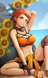 >:) 1girls absurdres alternate_costume arm_up armpits bare_arms bare_shoulders beach bike_shorts bikini bikini_top_only black_shorts blue_sky bow breasts cleavage clothes_around_waist collarbone day feet female female_only fingerless_gloves fire_emblem fire_emblem:_three_houses fire_emblem_heroes flower furrowed_brow gloves gonzarez grin highres holding holding_sword holding_weapon jewelry knee_pads leonie_pinelli leonie_pinelli_(summer) looking_at_viewer medium_breasts midriff navel necklace nintendo official_alternate_costume orange_bikini orange_eyes orange_hair orange_swimsuit outdoors parted_lips red_eyes red_hair rock sandals short_hair shorts single_knee_pad sitting sky smile solo stomach sunflower sweat sweatdrop swimsuit sword v-shaped_eyebrows weapon yellow_flower