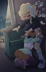 2girls alley blonde_hair blush chloe_(svtfoe) clothing cunnilingus dark-skinned_female dark_skin disney disney_xd feet_together_knees_apart female_only human human_only interracial jackie_lynn_thomas kneeling lesbian lesbian_sex masturbating_during_cunnilingus masturbation multiple_girls pleasure_face public public_sex short_hair star_vs_the_forces_of_evil tagme the_other_half yuri