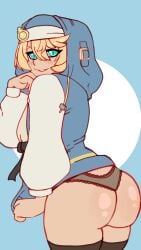 1boy ass big_ass big_butt blonde_hair blue_eyes bridget crossdressing eye_contact femboy from_behind guilty_gear guilty_gear_strive legwear lewddragon5 looking_at_viewer male male_only medium_hair otoko_no_ko panties presenting_hindquarters simple_background solo solo_male standing thick_thighs thighhighs thighs trap