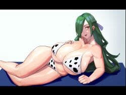 4_orz animal_print arm_rest azuma_fubuki bikini braid braided_hair clavicle cleavage cow_print cow_print_bikini curvaceous green_hair hair_over_one_eye huge_breasts lying mato_seihei_no_slave milf nail_polish orange_eyes swimsuit tongue_out very_long_hair voluptuous wide_hips