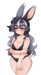 black_bra black_panties blue_eyes bra bunny_ears bunny_girl cleavage long_hair panties sharktuna white_background