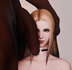 3d artist_request blonde_female blonde_hair blue_eyes choker dark-skinned_male dark_skin female female_focus final_fantasy final_fantasy_xiv gpose(ffxiv) hyur interracial light-skinned_female light_skin male male/female melanie(ffxiv) pale-skinned_female pale_skin penis penis_on_face source_request