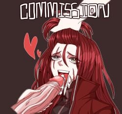 1boy 1girls b2k big_penis bodysuit commission cum cum_in_mouth cumshot female gebura_(lobotomy_corporation) grabbing grabbing_hair hand_on_head happy_sex heart heterochromia huge_cock large_penis library_of_ruina licking_penis lobotomy_corporation long_hair male/female netzach netzach_(library_of_ruina) pleasure_face project_moon red_hair red_jacket scar straight tagme tongue tongue_out