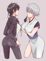 2girls arms_crossed_under_breasts big_breasts black_hair canon_genderswap crossed_arms expressionless female female_only fully_clothed genderswap_(mtf) ginko_sakata gintama gintoki_sakata hijikata_toshiro japanese_clothes kimono long_hair looking_at_viewer looking_back nanami_emu nipple_bulge obi official_alternate_costume police_uniform policewoman red_eyes rule_63 shinsengumi_(gintama) short_hair side_slit silver_hair tight_clothing uniform very_short_hair