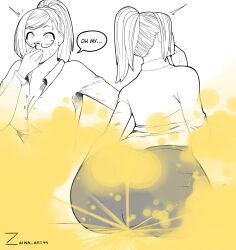 1girls akiyama_kaede big_ass big_butt cleavage english_text fart fart_cloud fart_fetish farting glasses kengan_(series) kengan_ashura ponytail rear_view sitting solo_female text text_bubble uncolored zaina_art99