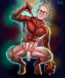 1boy bottomless caucasian caucasian_male daredevil_(cosplay) flaccid flaccid_penis foreskin glasses male male_only marvel marvel_comics milkypeach232 muscles muscular muscular_male solo solo_male uncut