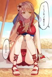 ... 1girls absurdres alternate_costume bangs bare_shoulders beach bikini bikini_skirt blush breasts collarbone commentary_request commission cross-laced_sandals female female_only fire_emblem fire_emblem:_radiant_dawn fire_emblem_heroes flower front-tie_top gladiator_sandals gloves grey_hair hair_flower hair_ornament hair_ribbon highres long_hair marumekoru medium_breasts micaiah_(fire_emblem) micaiah_(summer)_(fire_emblem) navel nervous nintendo official_alternate_costume parasol red_bikini red_footwear red_gloves red_swimsuit ribbon sand sandals sitting skeb_commission solo spoken_ellipsis sweatdrop swimsuit toeless_footwear toenails toes towel translated umbrella yellow_eyes