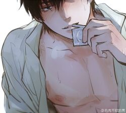 black_hair blush breath close-up condom_in_mouth condom_wrapper feiqiuxuan gintama hijikata_toshiro looking_at_viewer male male_only open_shirt seductive seductive_smile smile solo suggestive suggestive_look sweat upper_body